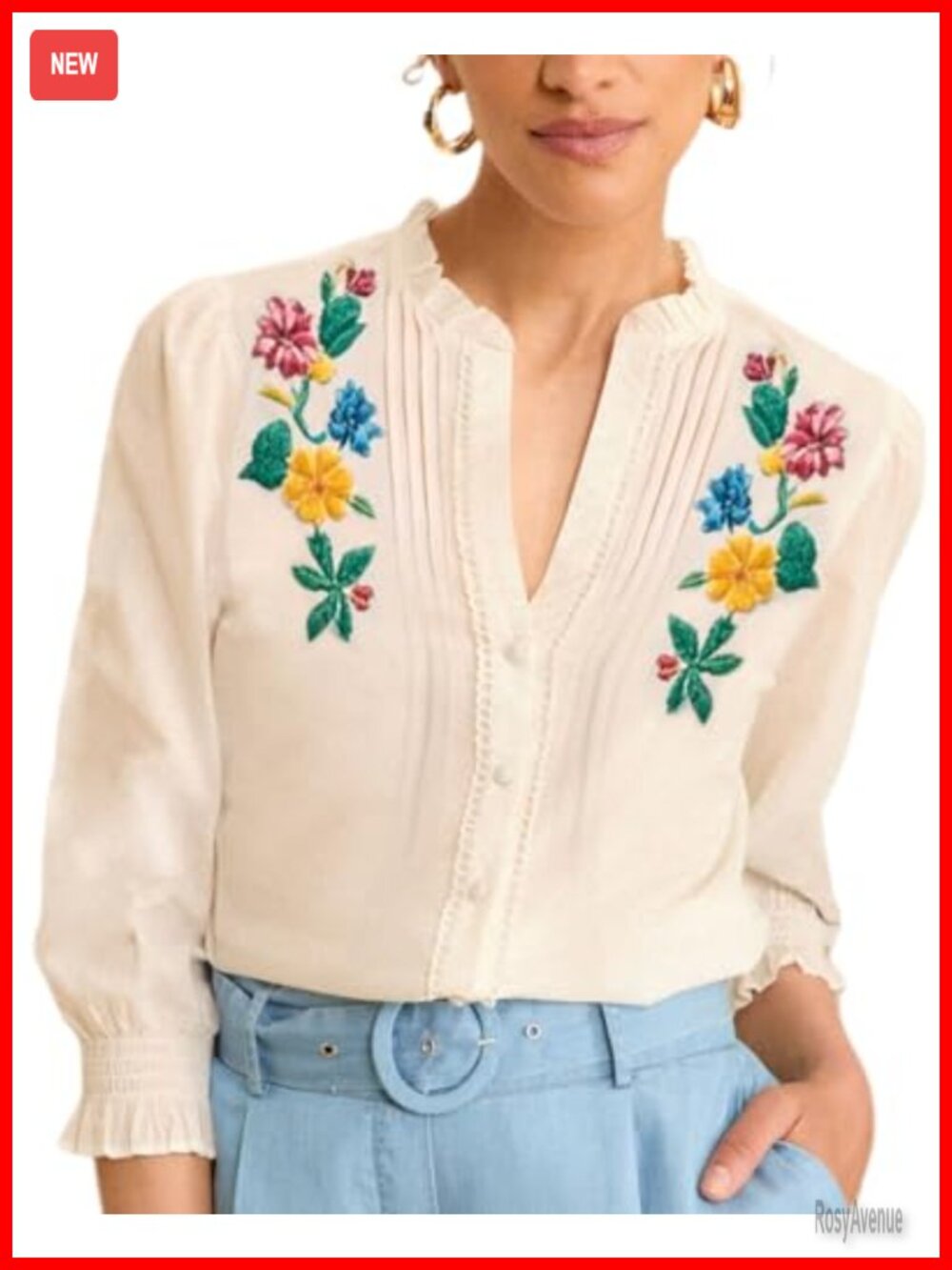 Embroidered Peasant Blouse 3/4 Sleeve V Neck Button Down Women's Top